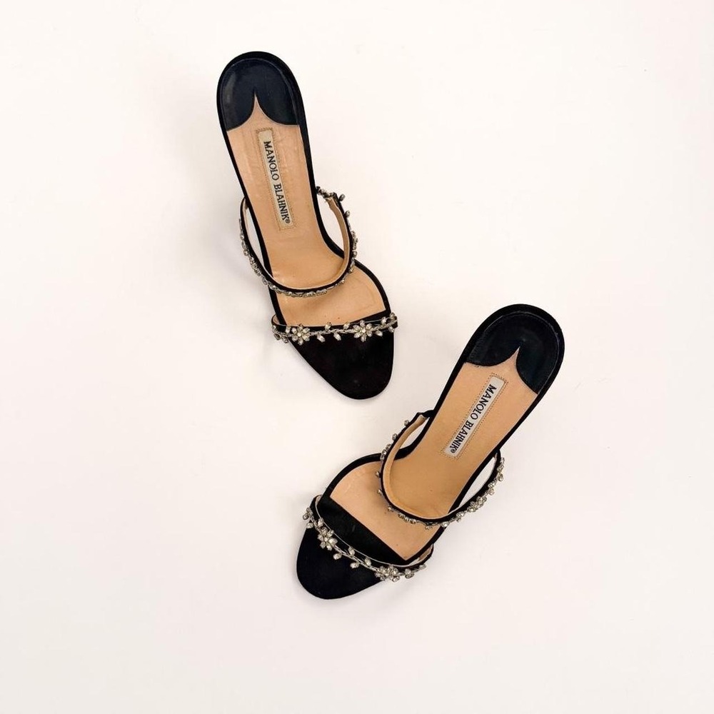 Manolo Blahnik crystal embellished black satin heels sandals IT 37 US 7 vintage - Picture 6 of 8